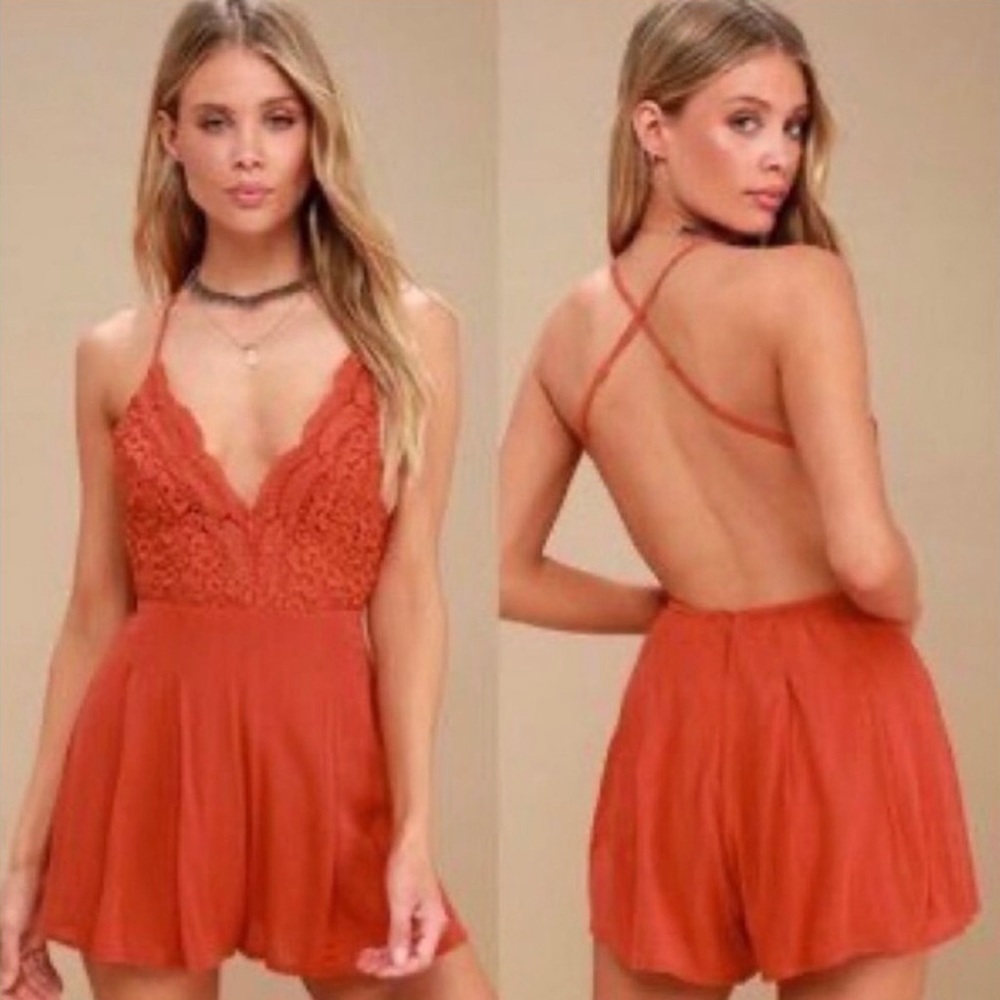 Lulu’s Rust Orange Crochet Lace Top Romper